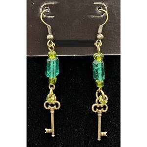 Handmade Bronze Tone Key & Green Glass Bead Earrings by Neanie-Bot